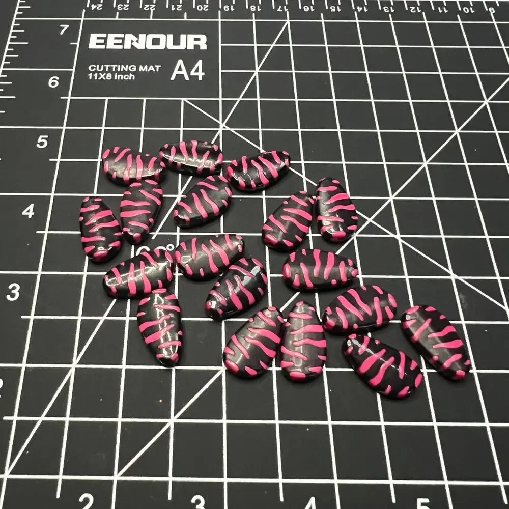Lot of 18 Flat Oval Black & Pink Zebra Print Beads for Jewelry Making